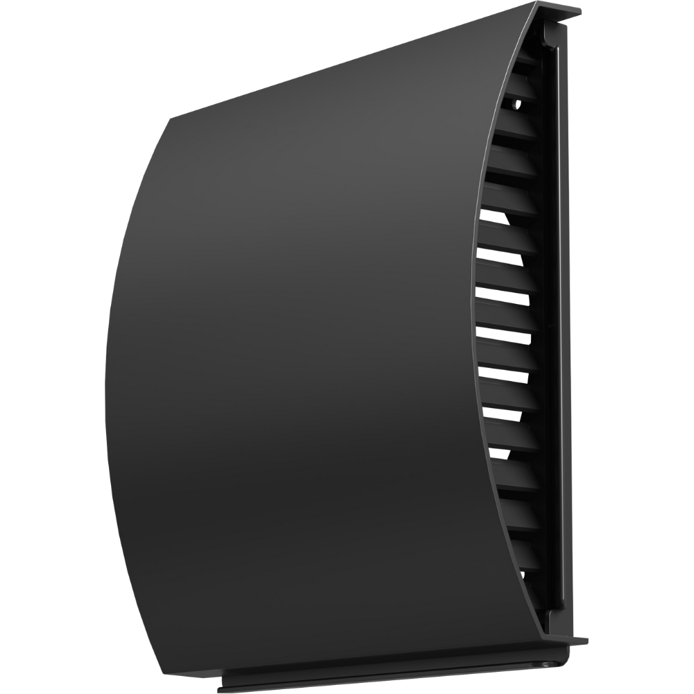 Sort regnskjold til Air Pro V1.0 set fra fronten med UV-resistent plastikdesign.